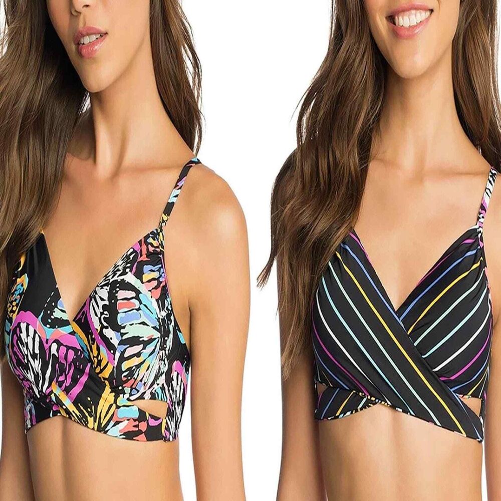 Vera Bradley Women's Small Bright Butterfly Print Reversible Striped Bikini Top